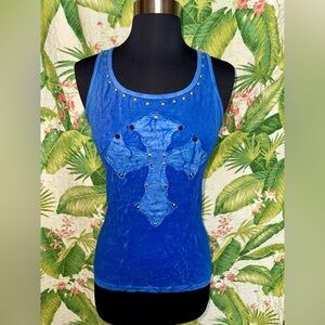 Velvet Stone Small Vibrant Blue & Silver Cross Embellished Tank Top USA MADE